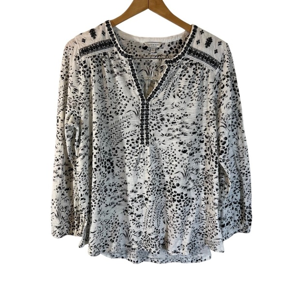 Lucky Brand Floral Blouse Plus 1X White Black Embroidered Boho Patterned Peasant - Picture 1 of 9